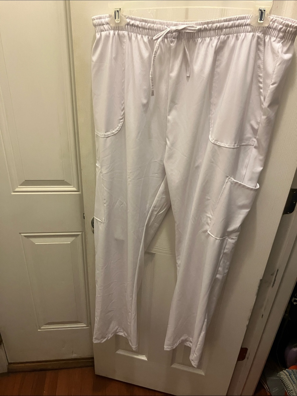 Womens White Cargo Scrub Pants with Drawstring Waist
